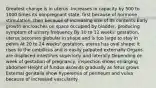 Greatest change is in uterus -Increases in capacity by 500 to 1000 times its nonpregnant state, first because of hormone stimulation, then because of increasing size of its contents Early growth encroaches on space occupied by bladder, producing symptom of urinary frequency By 10 to 12 weeks' gestation, uterus becomes globular in shape and is too large to stay in pelvis At 20 to 24 weeks' gestation, uterus has oval shape; it rises to the umbilicus and is easily palpated externally Organs are displaced intestines superiorly and laterally Depending on week of gestation of pregnancy, inspection shows enlarging abdomen Height of fundus ascends gradually as fetus grows External genitalia show hyperemia of perineum and vulva because of increased vascularity