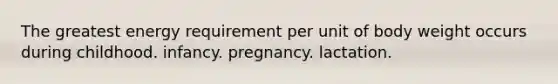 The greatest energy requirement per unit of body weight occurs during childhood. infancy. pregnancy. lactation.