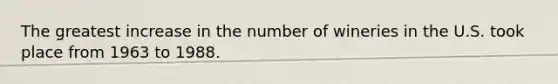 The greatest increase in the number of wineries in the U.S. took place from 1963 to 1988.