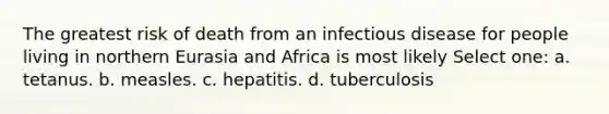 The greatest risk of death from an infectious disease for people living in northern Eurasia and Africa is most likely Select one: a. tetanus. b. measles. c. hepatitis. d. tuberculosis