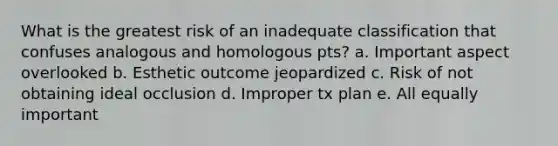 What is the greatest risk of an inadequate classification that confuses analogous and homologous pts? a. Important aspect overlooked b. Esthetic outcome jeopardized c. Risk of not obtaining ideal occlusion d. Improper tx plan e. All equally important