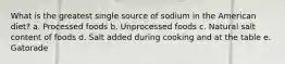 What is the greatest single source of sodium in the American diet? a. Processed foods b. Unprocessed foods c. Natural salt content of foods d. Salt added during cooking and at the table e. Gatorade