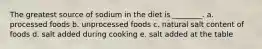 The greatest source of sodium in the diet is ________. a. processed foods b. unprocessed foods c. natural salt content of foods d. salt added during cooking e. salt added at the table