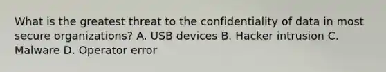 What is the greatest threat to the confidentiality of data in most secure organizations? A. USB devices B. Hacker intrusion C. Malware D. Operator error