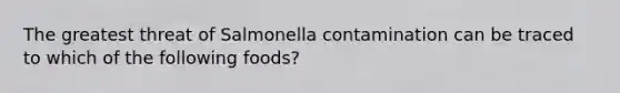 The greatest threat of Salmonella contamination can be traced to which of the following foods?