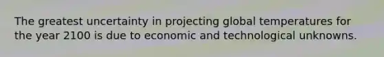 The greatest uncertainty in projecting global temperatures for the year 2100 is due to economic and technological unknowns.