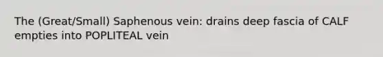 The (Great/Small) Saphenous vein: drains deep fascia of CALF empties into POPLITEAL vein