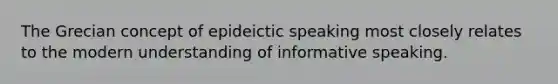 The Grecian concept of epideictic speaking most closely relates to the modern understanding of informative speaking.