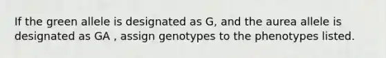 If the green allele is designated as G, and the aurea allele is designated as GA , assign genotypes to the phenotypes listed.