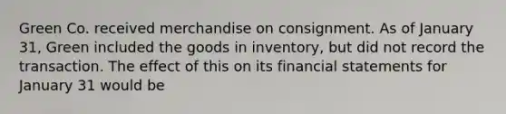 Green Co. received merchandise on consignment. As of January 31, Green included the goods in inventory, but did not record the transaction. The effect of this on its financial statements for January 31 would be