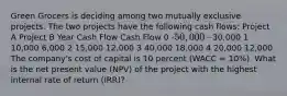 Green Grocers is deciding among two mutually exclusive projects. The two projects have the following cash flows: Project A Project B Year Cash Flow Cash Flow 0 -50,000 -30,000 1 10,000 6,000 2 15,000 12,000 3 40,000 18,000 4 20,000 12,000 The company's cost of capital is 10 percent (WACC = 10%). What is the net present value (NPV) of the project with the highest internal rate of return (IRR)?