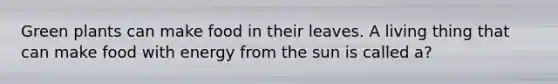Green plants can make food in their leaves. A living thing that can make food with energy from the sun is called a?
