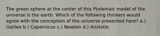 The green sphere at the center of this Ptolemaic model of the universe is the earth. Which of the following thinkers would agree with the conception of the universe presented here? a.) Galileo b.) Copernicus c.) Newton d.) Aristotle