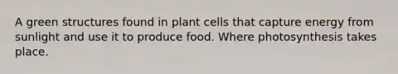 A green structures found in plant cells that capture energy from sunlight and use it to produce food. Where photosynthesis takes place.