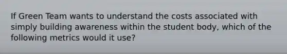 If Green Team wants to understand the costs associated with simply building awareness within the student body, which of the following metrics would it use?