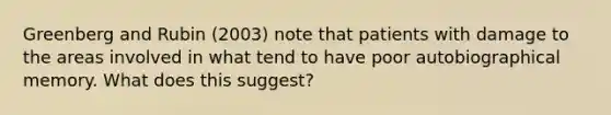 Greenberg and Rubin (2003) note that patients with damage to the areas involved in what tend to have poor autobiographical memory. What does this suggest?