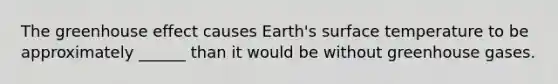 The greenhouse effect causes Earth's surface temperature to be approximately ______ than it would be without greenhouse gases.