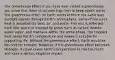 The Greenhouse Effect If you have ever visited a greenhouse, you know that these structures trap heat to keep plants warm. The greenhouse effect on Earth works in much the same way. Sunlight passes through Earth's atmosphere. Some of the sun's heat is absorbed by land, air, and water. The rest is reflected back into space or trapped by gases such as carbon dioxide, water vapor, and methane within the atmosphere. The trapped heat raises Earth's temperature and makes it suitable for supporting life. Without the greenhouse effect, Earth would be too cold for humans. However, if the greenhouse effect becomes stronger, it could cause Earth's temperature to rise too much and have a serious negative impact.