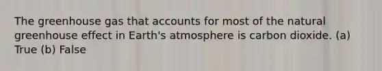 The greenhouse gas that accounts for most of the natural greenhouse effect in Earth's atmosphere is carbon dioxide. (a) True (b) False