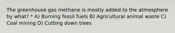 The greenhouse gas methane is mostly added to the atmosphere by what? * A) Burning fossil fuels B) Agricultural animal waste C) Coal mining D) Cutting down trees