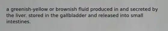 a greenish-yellow or brownish fluid produced in and secreted by the liver. stored in the gallbladder and released into small intestines.