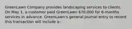 GreenLawn Company provides landscaping services to clients. On May 1, a customer paid GreenLawn 70,000 for 6-months services in advance. GreenLawn's general journal entry to record this transaction will include a: