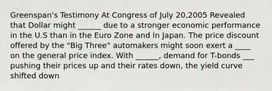 Greenspan's Testimony At Congress of July 20,2005 Revealed that Dollar might ______ due to a stronger economic performance in the U.S than in the Euro Zone and In Japan. The price discount offered by the "Big Three" automakers might soon exert a ____ on the general price index. With ______, demand for T-bonds ___ pushing their prices up and their rates down, the yield curve shifted down