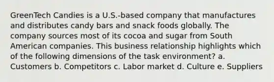 GreenTech Candies is a U.S.-based company that manufactures and distributes candy bars and snack foods globally. The company sources most of its cocoa and sugar from South American companies. This business relationship highlights which of the following dimensions of the task environment? a. Customers b. Competitors c. Labor market d. Culture e. Suppliers