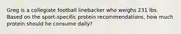 Greg is a collegiate football linebacker who weighs 231 lbs. Based on the sport-specific protein recommendations, how much protein should he consume daily?