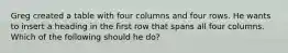 Greg created a table with four columns and four rows. He wants to insert a heading in the first row that spans all four columns. Which of the following should he do?