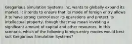 Gregarious Simulation Systems Inc. wants to globally expand its market. It intends to ensure that its mode of foreign entry allows it to have strong control over its operations and protect its intellectual property, though that may mean investing a significant amount of capital and other resources. In this scenario, which of the following foreign-entry modes would best suit Gregarious Simulation Systems?