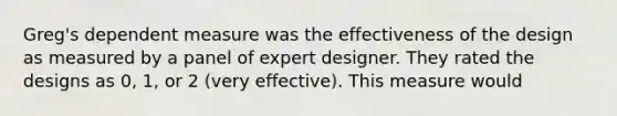 Greg's dependent measure was the effectiveness of the design as measured by a panel of expert designer. They rated the designs as 0, 1, or 2 (very effective). This measure would