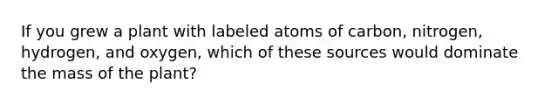 If you grew a plant with labeled atoms of carbon, nitrogen, hydrogen, and oxygen, which of these sources would dominate the mass of the plant?