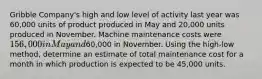 Gribble Company's high and low level of activity last year was 60,000 units of product produced in May and 20,000 units produced in November. Machine maintenance costs were 156,000 in May and60,000 in November. Using the high-low method, determine an estimate of total maintenance cost for a month in which production is expected to be 45,000 units.