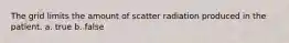 The grid limits the amount of scatter radiation produced in the patient. a. true b. false