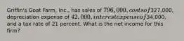 Griffin's Goat Farm, Inc., has sales of 796,000, costs of327,000, depreciation expense of 42,000, interest expense of34,000, and a tax rate of 21 percent. What is the net income for this firm?