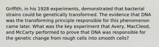 Griffith, in his 1928 experiments, demonstrated that bacterial strains could be genetically transformed. The evidence that DNA was the transforming principle responsible for this phenomenon came later. What was the key experiment that Avery, MacCleod, and McCarty performed to prove that DNA was responsible for the genetic change from rough cells into smooth cells?