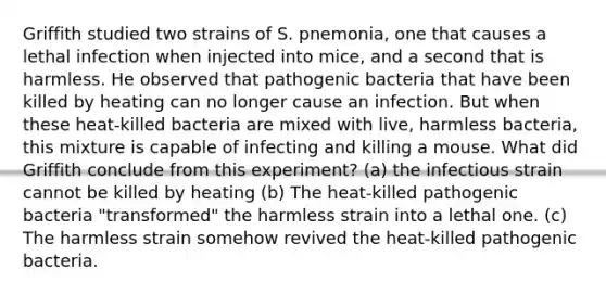 Griffith studied two strains of S. pnemonia, one that causes a lethal infection when injected into mice, and a second that is harmless. He observed that pathogenic bacteria that have been killed by heating can no longer cause an infection. But when these heat-killed bacteria are mixed with live, harmless bacteria, this mixture is capable of infecting and killing a mouse. What did Griffith conclude from this experiment? (a) the infectious strain cannot be killed by heating (b) The heat-killed pathogenic bacteria "transformed" the harmless strain into a lethal one. (c) The harmless strain somehow revived the heat-killed pathogenic bacteria.