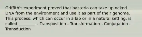 Griffith's experiment proved that bacteria can take up naked DNA from the environment and use it as part of their genome. This process, which can occur in a lab or in a natural setting, is called ________. - Transposition - Transformation - Conjugation - Transduction