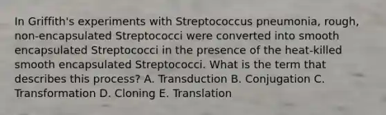 In Griffith's experiments with Streptococcus pneumonia, rough, non-encapsulated Streptococci were converted into smooth encapsulated Streptococci in the presence of the heat-killed smooth encapsulated Streptococci. What is the term that describes this process? A. Transduction B. Conjugation C. Transformation D. Cloning E. Translation