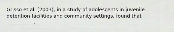 Grisso et al. (2003), in a study of adolescents in juvenile detention facilities and community settings, found that ___________.