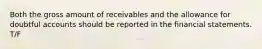 Both the gross amount of receivables and the allowance for doubtful accounts should be reported in the financial statements. T/F