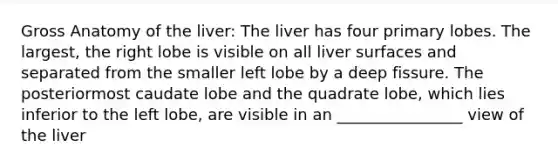 Gross Anatomy of the liver: The liver has four primary lobes. The largest, the right lobe is visible on all liver surfaces and separated from the smaller left lobe by a deep fissure. The posteriormost caudate lobe and the quadrate lobe, which lies inferior to the left lobe, are visible in an ________________ view of the liver