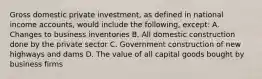 Gross domestic private investment, as defined in national income accounts, would include the following, except: A. Changes to business inventories B. All domestic construction done by the private sector C. Government construction of new highways and dams D. The value of all capital goods bought by business firms