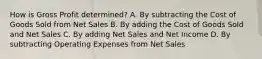 How is Gross Profit determined? A. By subtracting the Cost of Goods Sold from Net Sales B. By adding the Cost of Goods Sold and Net Sales C. By adding Net Sales and Net Income D. By subtracting Operating Expenses from Net Sales