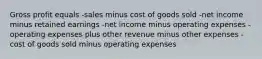 Gross profit equals -sales minus cost of goods sold -net income minus retained earnings -net income minus operating expenses -operating expenses plus other revenue minus other expenses -cost of goods sold minus operating expenses