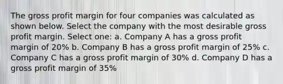 The gross profit margin for four companies was calculated as shown below. Select the company with the most desirable gross profit margin. Select one: a. Company A has a gross profit margin of 20% b. Company B has a gross profit margin of 25% c. Company C has a gross profit margin of 30% d. Company D has a gross profit margin of 35%