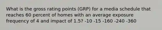 What is the gross rating points (GRP) for a media schedule that reaches 60 percent of homes with an average exposure frequency of 4 and impact of 1.5? -10 -15 -160 -240 -360