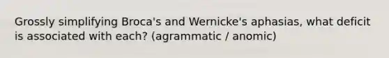 Grossly simplifying Broca's and Wernicke's aphasias, what deficit is associated with each? (agrammatic / anomic)