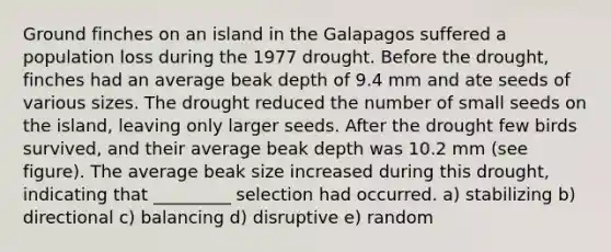 Ground finches on an island in the Galapagos suffered a population loss during the 1977 drought. Before the drought, finches had an average beak depth of 9.4 mm and ate seeds of various sizes. The drought reduced the number of small seeds on the island, leaving only larger seeds. After the drought few birds survived, and their average beak depth was 10.2 mm (see figure). The average beak size increased during this drought, indicating that _________ selection had occurred. a) stabilizing b) directional c) balancing d) disruptive e) random